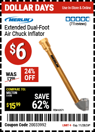 Harbor Freight Coupons, HF Coupons, 20% off - Extended Dual Foot Air Chuck Inflator