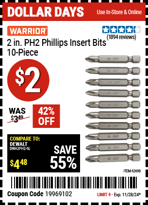 Harbor Freight Coupons, HF Coupons, 20% off - 10 Piece, 2' Ph2 Phillips Insert Bits