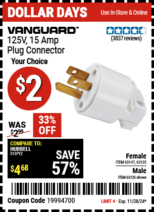 Harbor Freight Coupons, HF Coupons, 20% off - 125 Volt, 15 Amp Male Or Female Connector