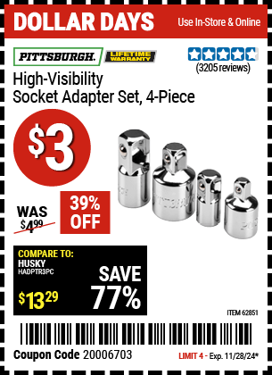 Harbor Freight Coupons, HF Coupons, 20% off - 4 Piece High Visibility Socket Adapter Set