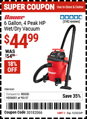 Harbor Freight Coupons, HF Coupons, 20% off - Bauer 6 Gallon Wet Dry Vacuum