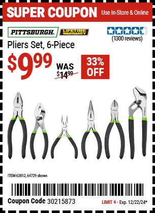 Harbor Freight Coupons, HF Coupons, 20% off - 6 Piece Pliers Set