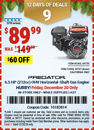 Harbor Freight Coupons, HF Coupons, 20% off - 6.5 Hp (212 Cc) Ohv Horizontal Shaft Gas Engines