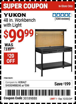 Harbor Freight Coupons, HF Coupons, 20% off - YUKON 48 in. Workbench with Light 