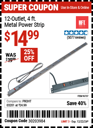 Harbor Freight Coupons, HF Coupons, 20% off - 12 Outlet 4 Ft. Metal Power Strip