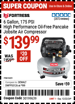 Harbor Freight Coupons, HF Coupons, 20% off - FORTRESS 6 Gallon 175 PSI High Performance Hand Carry Jobsite Air Compressor for $119.99