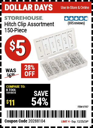 Harbor Freight Coupons, HF Coupons, 20% off - 150 Piece Hitch Clip Assortment