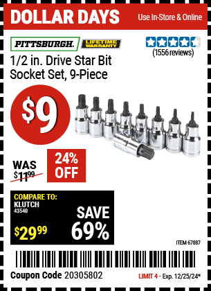 Harbor Freight Coupons, HF Coupons, 20% off - 1/2 in. Drive Star Bit Socket Set, 9 Pc.