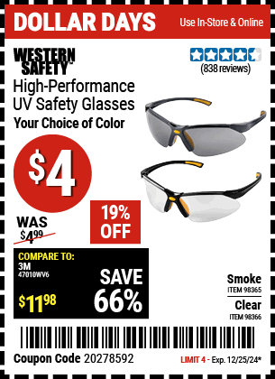 Harbor Freight Coupons, HF Coupons, 20% off - High Performance Uv Safety Glasses