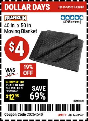 Harbor Freight Coupons, HF Coupons, 20% off - FRANKLIN 40 in. x 50 in. Moving Blanket for $4.49