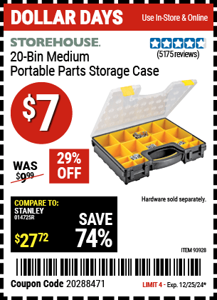 Harbor Freight Coupons, HF Coupons, 20% off - 20 Bin Portable Parts Storage Case