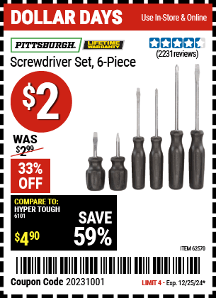 Harbor Freight Coupons, HF Coupons, 20% off - 6 Piece Screwdriver Set