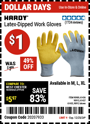 Harbor Freight Coupons, HF Coupons, 20% off - Hardy Latex Coated Work Gloves