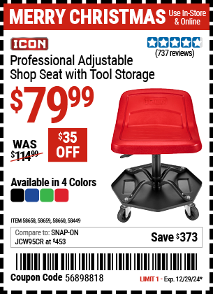 Harbor Freight Coupons, HF Coupons, 20% off - ICON Professional Adjustable Shop Seat with Tool Storage 