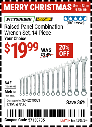 Harbor Freight Coupons, HF Coupons, 20% off - Raised Panel SAE Combination Wrench Set, 14 Pc.