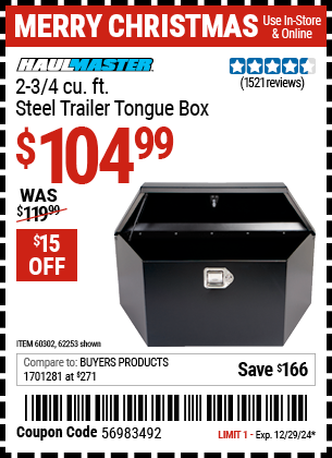 Harbor Freight Coupons, HF Coupons, 20% off - 2-3/4 Cubic Ft. Steel Trailer Tongue Box