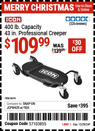 Harbor Freight Coupons, HF Coupons, 20% off - ICON 43 in. Professional Creeper for $109.99