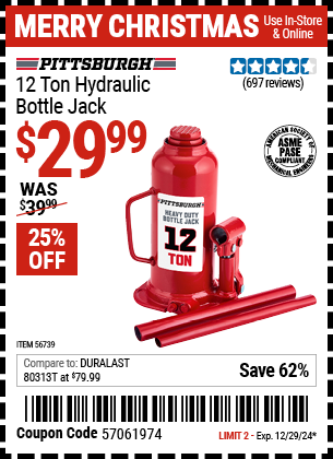 Harbor Freight Coupons, HF Coupons, 20% off - PITTSBURGH 12 Ton Hydraulic Bottle Jack for $29.99