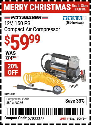 Harbor Freight Coupons, HF Coupons, 20% off - 12v 150 PSI Compact Air Compressor