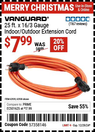 Harbor Freight Coupons, HF Coupons, 20% off - 25 ft. x 16 Gauge Indoor/Outdoor Extension Cord