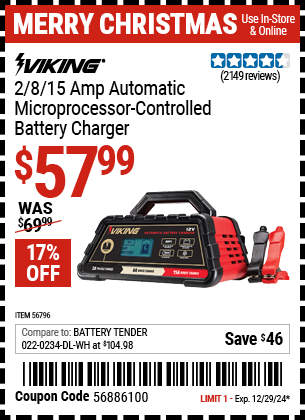 Harbor Freight Coupons, HF Coupons, 20% off - 2/8/15 Amp Automatic Microprocessor Controlled Battery Charger