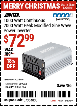 Harbor Freight Coupons, HF Coupons, 20% off - 1000 Watt Continuous/2000 Watt Peak Modified Sine Wave Power Inverter