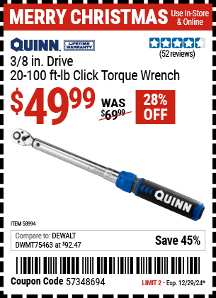 Harbor Freight Coupons, HF Coupons, 20% off - QUINN 3/8 in. Drive Click Type Torque Wrench for $49.99