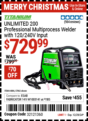 Harbor Freight Coupons, HF Coupons, 20% off - Titanium Unlimited 200 Professional Multiprocess Welder