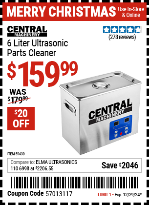 Harbor Freight Coupons, HF Coupons, 20% off - CENTRAL MACHINERY 6 Liter Ultrasonic Parts Cleaner 