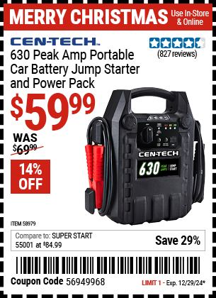 Harbor Freight Coupons, HF Coupons, 20% off - 630 Peak Amp Portable Jump Starter and Power Pack