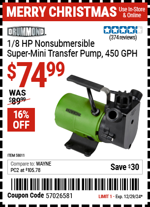 Harbor Freight Coupons, HF Coupons, 20% off - 1/8  HP Non-Submersible Super Mini Transfer Pump 450 GPH