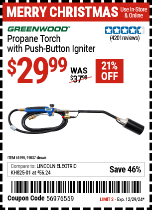 Harbor Freight Coupons, HF Coupons, 20% off - Propane Torch With Push Button Igniter