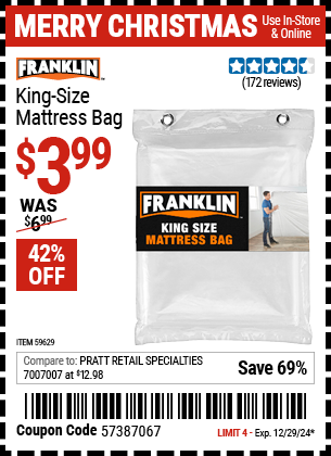 Harbor Freight Coupons, HF Coupons, 20% off - FRANKLIN King-size Mattress Bag for $3.99