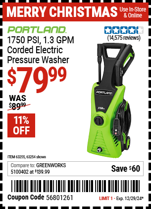 Harbor Freight Coupons, HF Coupons, 20% off - 1750 Psi Electric Pressure Washer