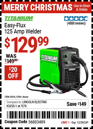 Harbor Freight Coupons, HF Coupons, 20% off - TITANIUM Easy-Flux 125 Amp Welder 