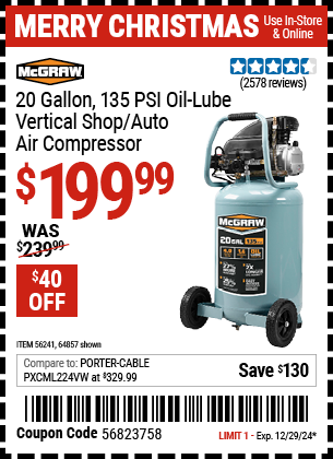 Harbor Freight Coupons, HF Coupons, 20% off - 20 Gallon 1.6 How 135 Psi Oil Lube Vertical Air Compressor