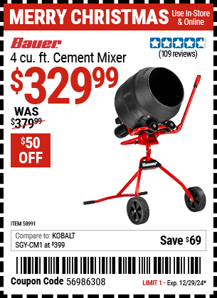 Harbor Freight Coupons, HF Coupons, 20% off - BAUER 4 cu. ft. Cement Mixer for $349.99