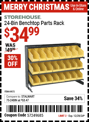 Harbor Freight Coupons, HF Coupons, 20% off - 24 Bin Bench Top Parts Rack