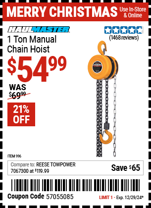 Harbor Freight Coupons, HF Coupons, 20% off - 1 Ton Chain Hoist