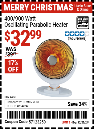 Harbor Freight Coupons, HF Coupons, 20% off - 400/900 Watt Oscillating Parabolic Heater