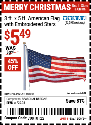 Harbor Freight Coupons, HF Coupons, 20% off - 3 Ft. X 5 Ft. American Flag With Embroidered Stars