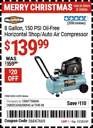 Harbor Freight Coupons, HF Coupons, 20% off - Mcgraw 150 Psi, 8 Gallon, 1.5 Hp Horizontal Compressor