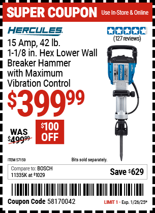 Harbor Freight Coupons, HF Coupons, 20% off - HERCULES 15 Amp, 42 lb., 1-1/8 in. Hex Lower Wall Breaker Hammer with Maximum Vibration Control for $399.99