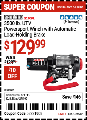 Harbor Freight Coupons, HF Coupons, 20% off - BADLAND 3500 Lb. ATV/Powersport 12V Winch With Automatic Load-Holding Brake for $119.99