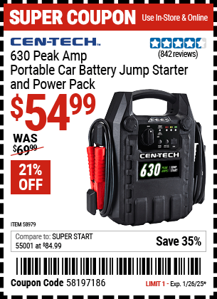 Harbor Freight Coupons, HF Coupons, 20% off - 630 Peak Amp Portable Jump Starter and Power Pack