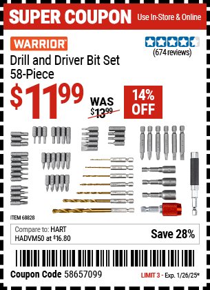 Harbor Freight Coupons, HF Coupons, 20% off - 58 Piece Quick Release Drill And Driver Bit Set