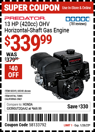 Harbor Freight Coupons, HF Coupons, 20% off - 13 Hp (420 Cc) Ohv Horizontal Shaft Gas Engines