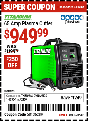 Harbor Freight Coupons, HF Coupons, 20% off - TITANIUM 65A Plasma Cutter 