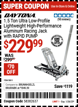 Harbor Freight Coupons, HF Coupons, 20% off - DAYTONA 1.5 ton Ultra Low Profile High Performance Aluminum Racing Jack with RAPID PUMP for $259.99