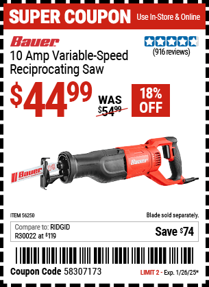 Harbor Freight Coupons, HF Coupons, 20% off - Bauer 10 Amp Variable Speed Reciprocating Saw